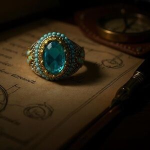 Silver plated dome ring large oval turquoise rhinestones